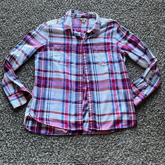 Woolrich Dress Shirt Womens Large Pink And Blue Plaid Cotton Button up Shirt - Picture 1 of 6